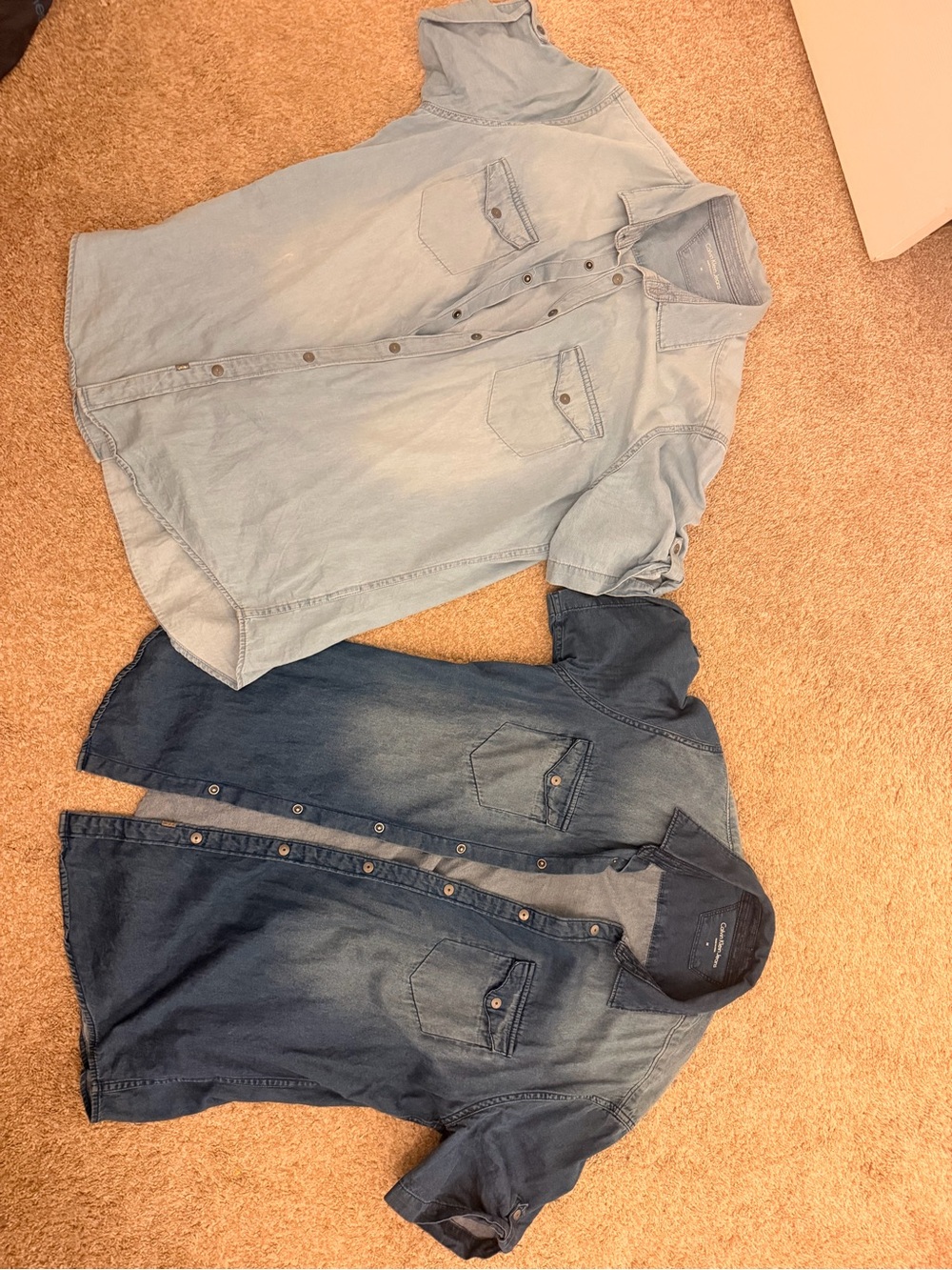 Calvin Klein Short Sleeve Denim Button-Down Shirts - Light Blue & Dark Blue